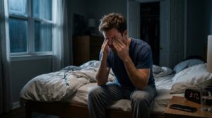 A person sitting on the edge of their bed in a dark bedroom, exhausted from insomnia