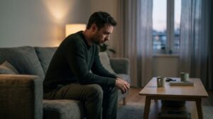A depressed man sits alone on a couch in a somber room.